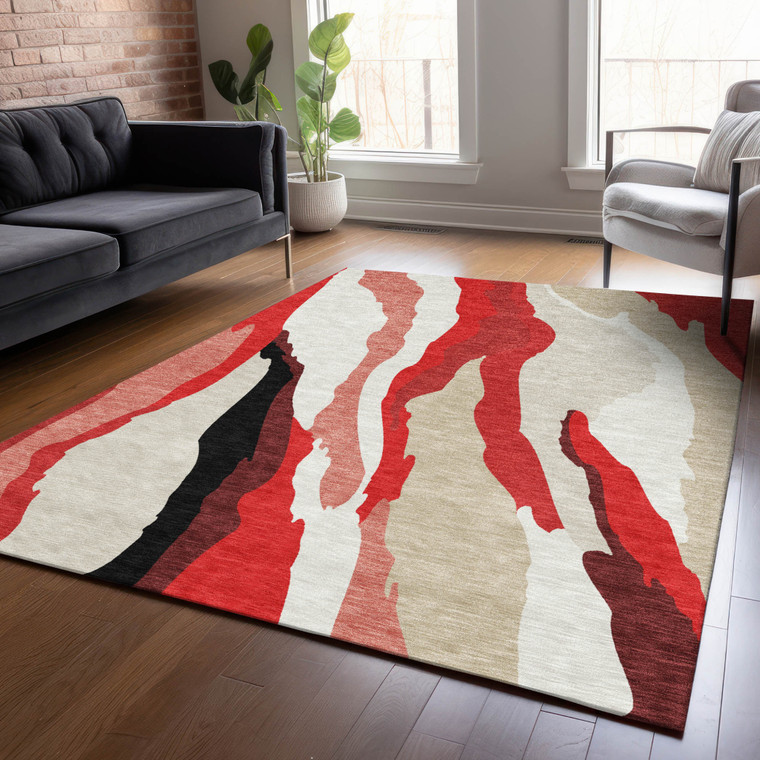 3' X 5' Red Black And Beige Abstract Washable Indoor Outdoor Area Rug
