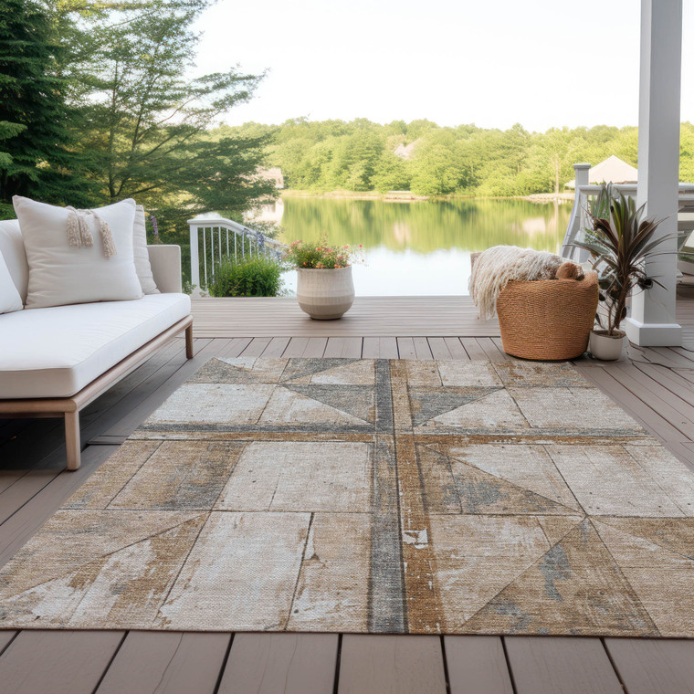 5' X 8' Copper And Gray Geometric Washable Indoor Outdoor Area Rug