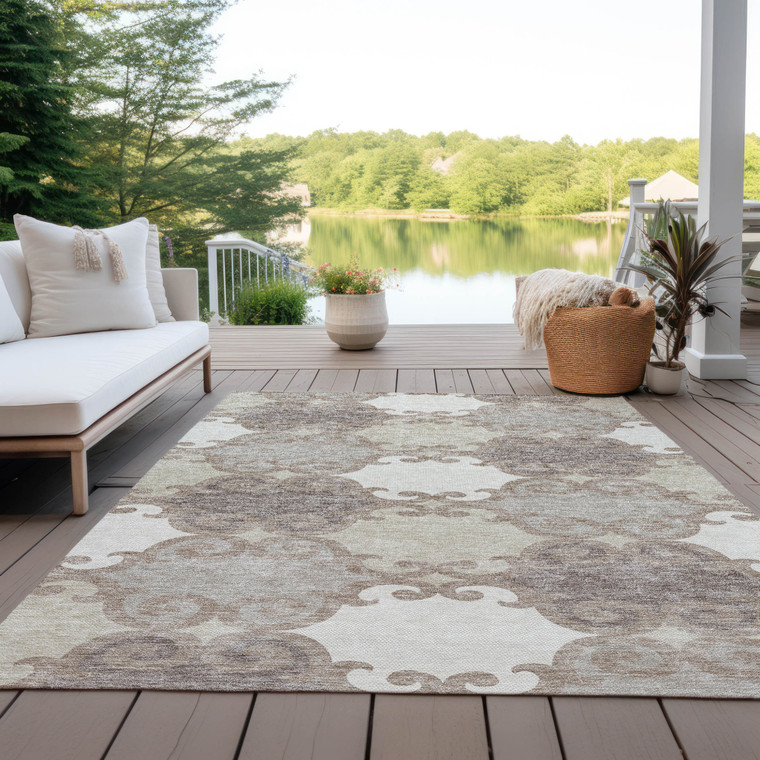 3' X 5' Taupe Beige And Gray Trellis Washable Indoor Outdoor Area Rug
