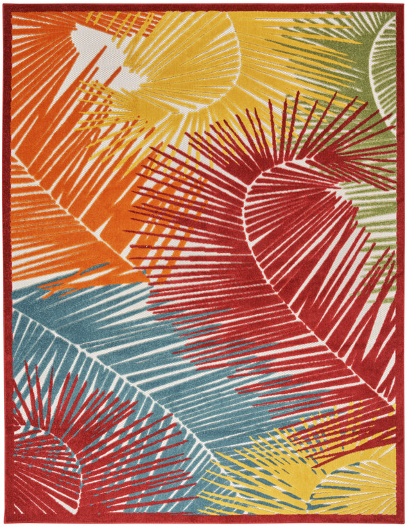 5' X 7' Orange Yellow Red Blue And Green Palm Leaf Indoor Outdoor Area Rug