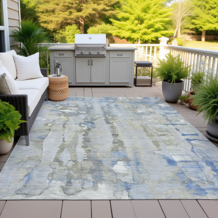 5' X 8' Sky Blue And Gray Abstract Washable Indoor Outdoor Area Rug - Sky Blue, Gray