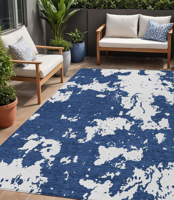 5' X 8' Navy Blue And Ivory Abstract Washable Indoor Outdoor Area Rug - 608219382667