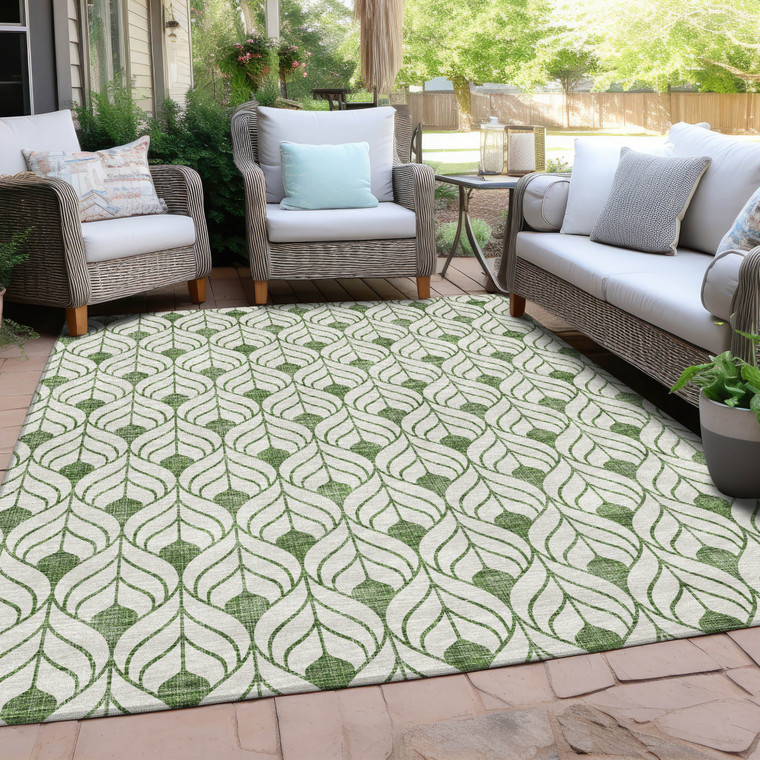 3' X 5' Green And Ivory Geometric Washable Indoor Outdoor Area Rug Transitional Style - Green, Ivory Color