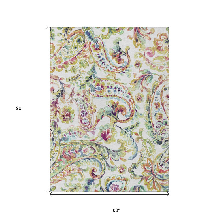 5' X 8' Ivory Fern Green And Artichoke Green Paisley Washable Indoor Outdoor Area Rug