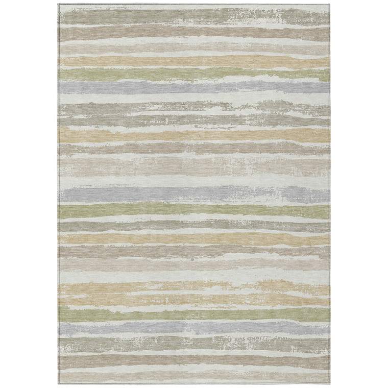 5' X 8' Ivory Beige And Green Striped Washable Indoor Outdoor Area Rug