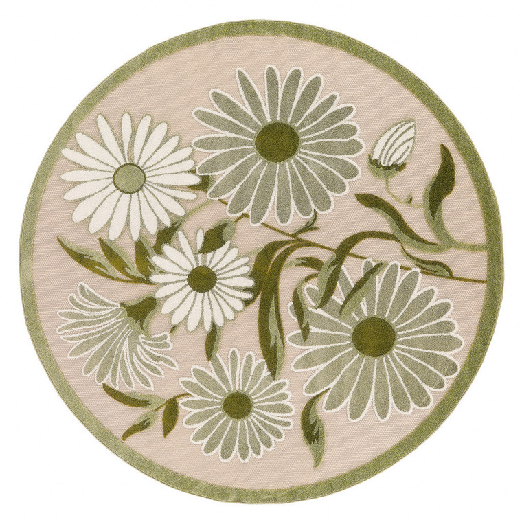 8' Ivory And Green Round Floral Indoor Outdoor Area Rug