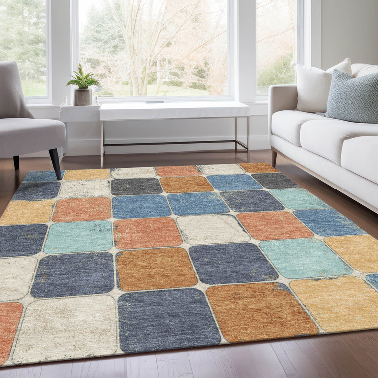 3' X 5' Rust And Denim Blue Geometric Washable Indoor Outdoor Area Rug