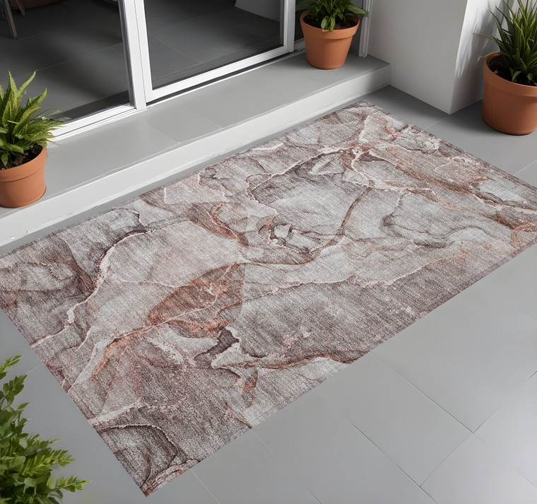 2' X 3' Gray and Red Abstract Washable Non Skid Indoor Outdoor Area Rug