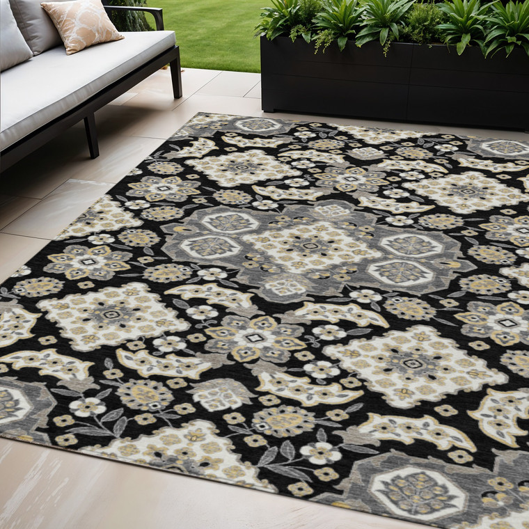 5' X 8' Black Gray And Beige Medallion Washable Indoor Outdoor Area Rug