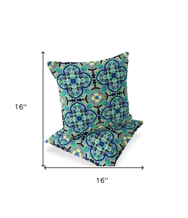 Set of Two 16" X 16" Blue and Green Blown Seam Floral Indoor Outdoor Throw Pillow Polyester Modern Style