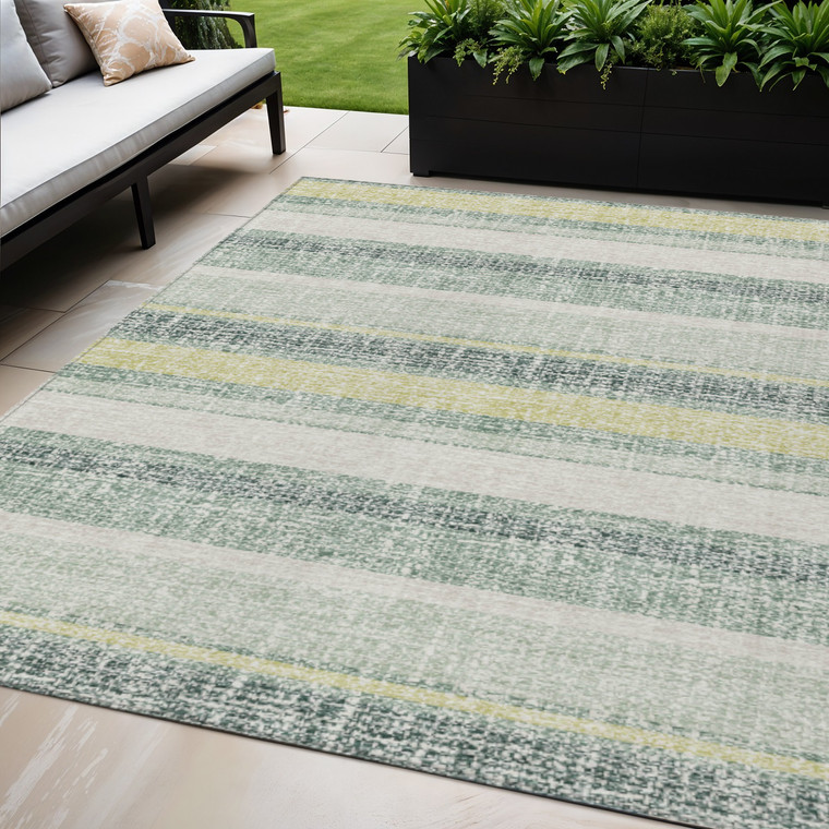 5' X 8' Pale Aqua And Lime Green Striped Washable Indoor Outdoor Area Rug