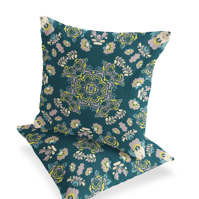 Luxury Collection Set of Two 16" X 16" Green and Yellow Blown Seam Floral Indoor Outdoor Throw Pillow for Living Room Bedroom Office