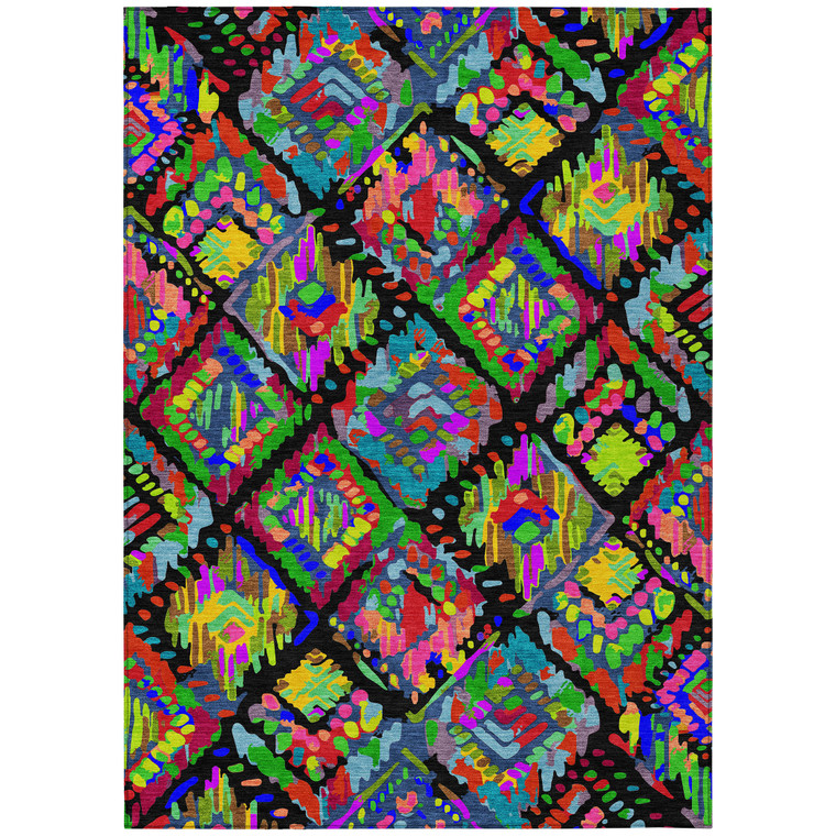 3' X 5' Black Yellow And Green Geometric Washable Indoor Outdoor Area Rug