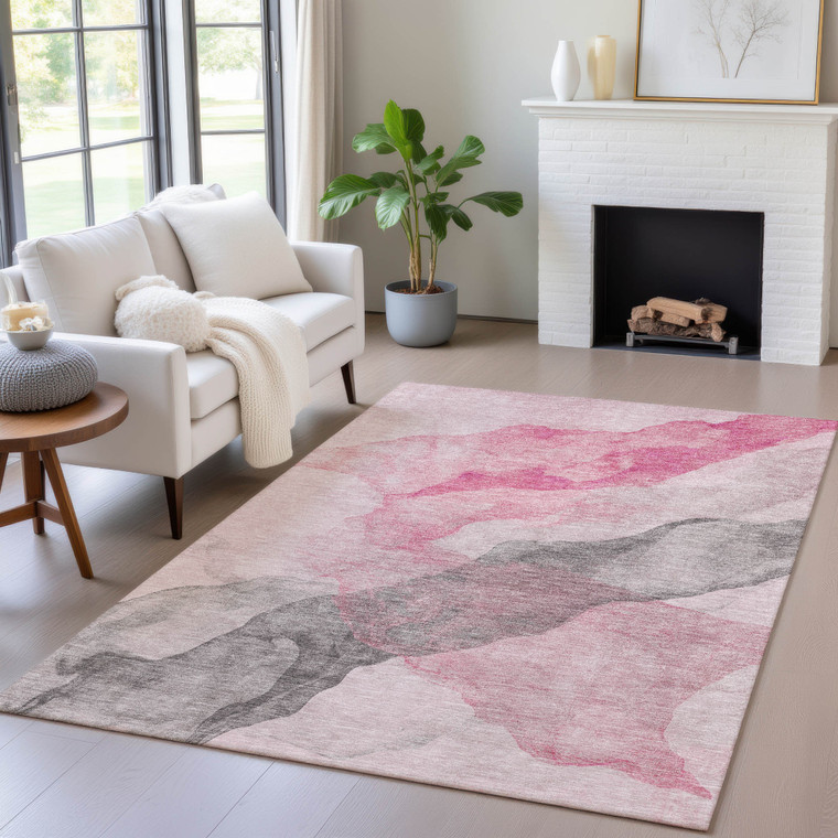 5' X 8' Blush And Gray Abstract Washable Indoor Outdoor Area Rug - Blush, Gray