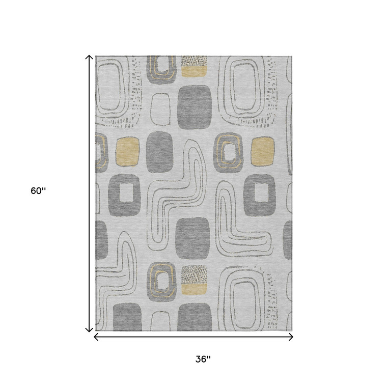 3' X 5' Gray Silver And Gold Geometric Washable Indoor Outdoor Area Rug