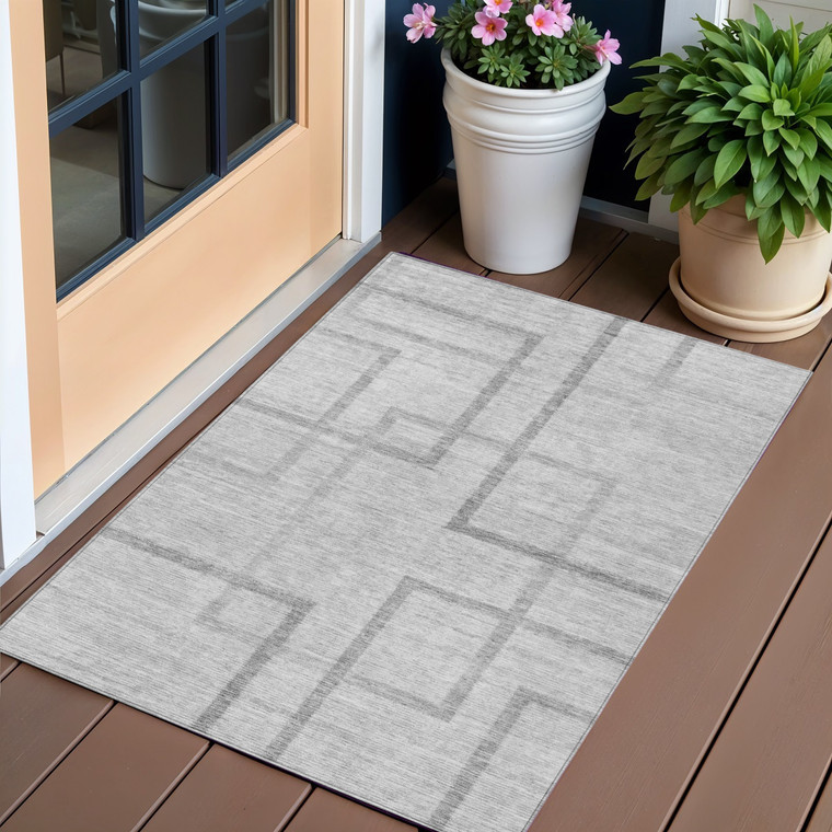 3' X 5' Gray Charcoal And Silver Geometric Washable Indoor Outdoor Area Rug Transitional Style - Gray, Charcoal, Silver Color