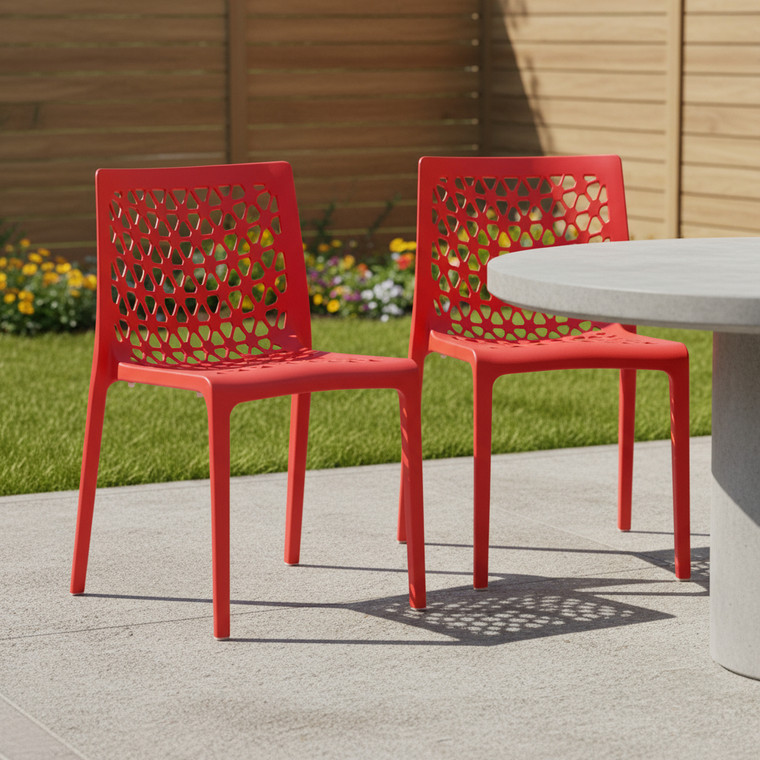 Set of Two Red Heavy Duty Plastic Outdoor Stacking Dining Chairs