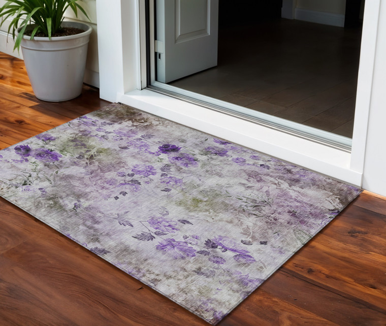 3' X 5' Purple Lavender And Artichoke Green Floral Washable Indoor Outdoor Area Rug