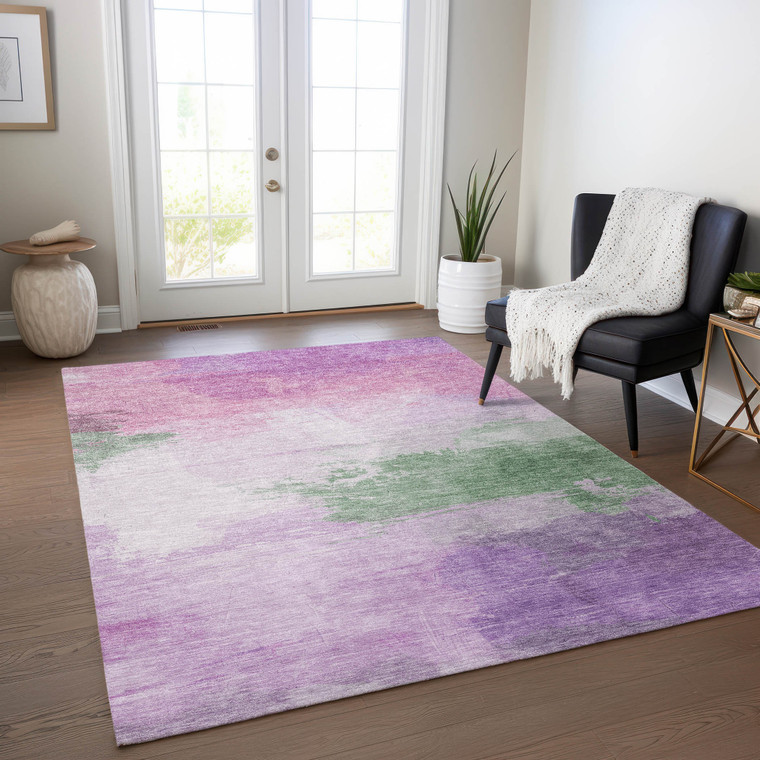 3' X 5' Lilac Lavender And Green Abstract Washable Indoor Outdoor Area Rug