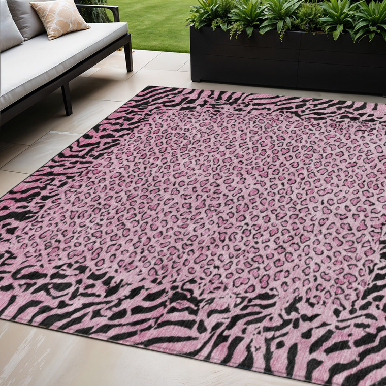 5' X 8' Pink Animal Print Washable Indoor Outdoor Area Rug