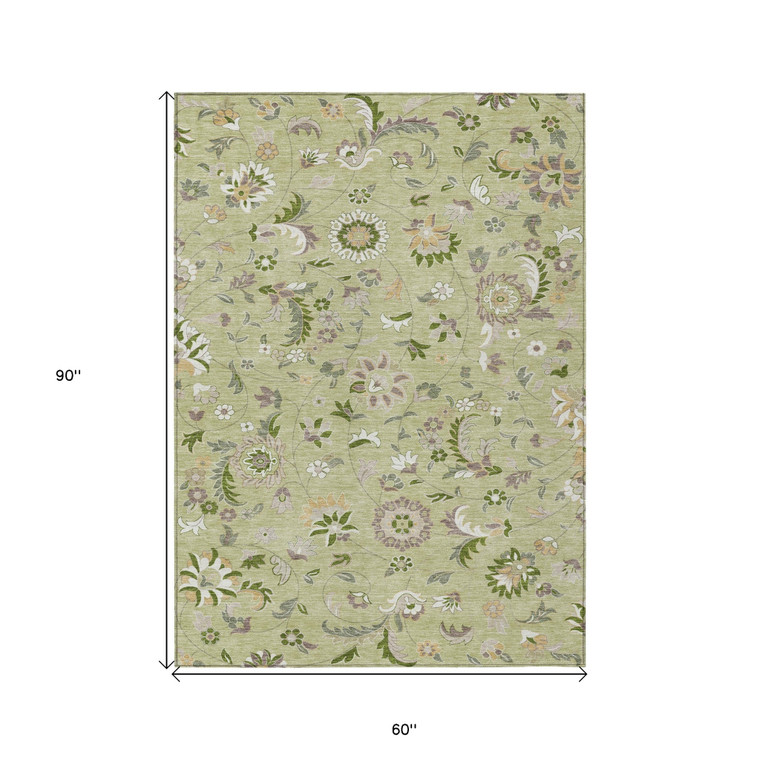 5' X 8' Artichoke Green Gray And Brown Floral Washable Indoor Outdoor Area Rug