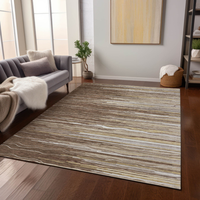 5' X 8' Brown Beige And Ivory Striped Washable Indoor Outdoor Area Rug Transitional Style - Brown, Beige, Ivory Color