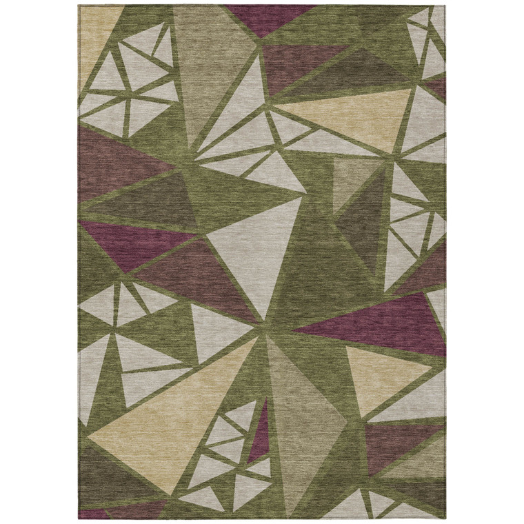 3' X 5' Olive Green Ivory And Burgundy Geometric Washable Indoor Outdoor Area Rug