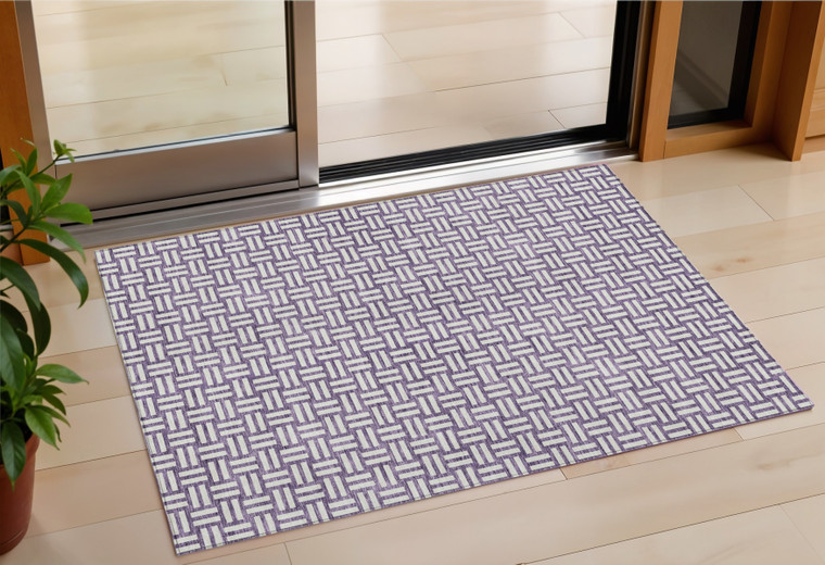 3' X 5' Purple And Ivory Geometric Washable Indoor Outdoor Area Rug Transitional Style - Purple, Ivory Color
