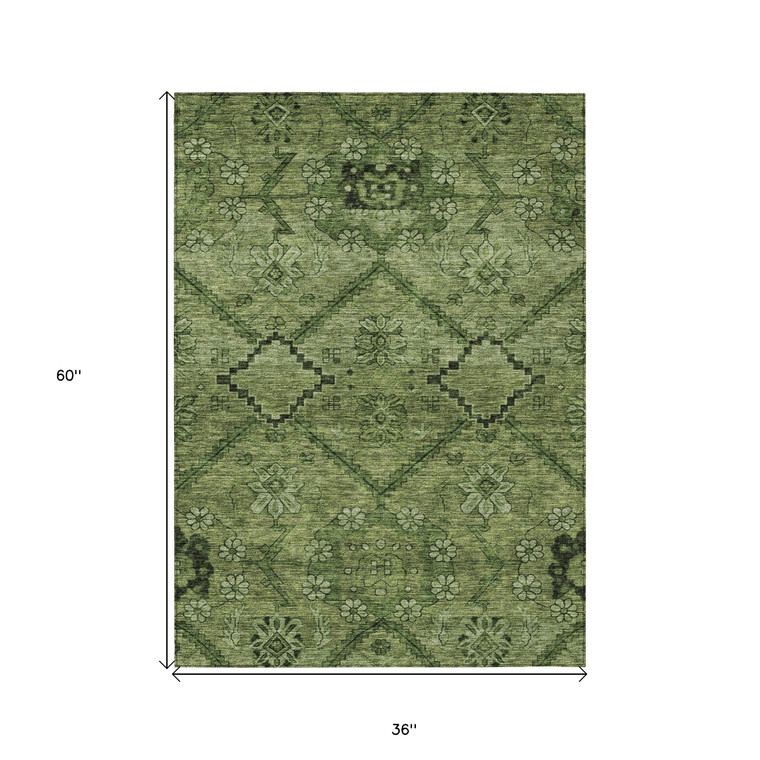 3' X 5' Olive Green Fern Green And Artichoke Green Floral Washable Indoor Outdoor Area Rug