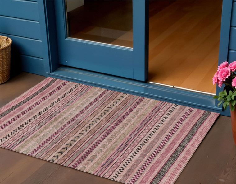 3' X 5' Pink And Taupe Striped Washable Indoor Outdoor Area Rug
