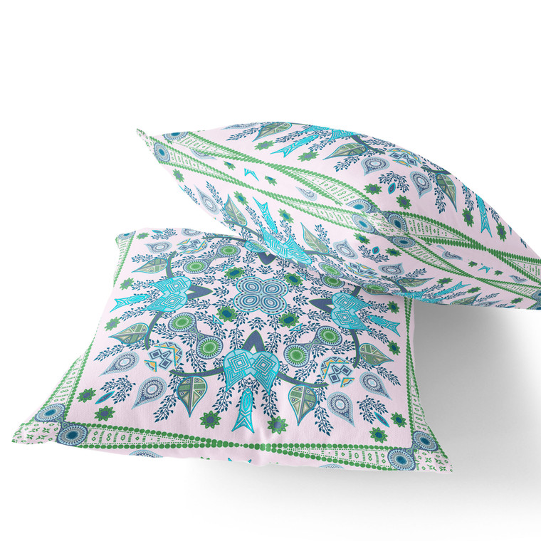 Set of Two 16" X 16" Green and White Blown Seam Paisley Indoor Outdoor Throw Pillow