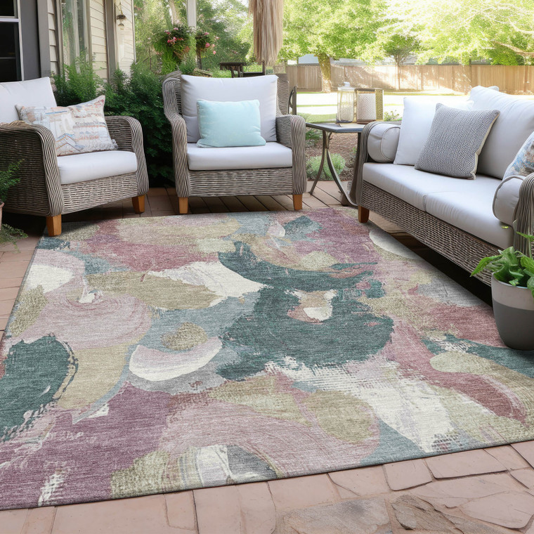 5' X 8' Mauve Beige And Sage Abstract Washable Indoor Outdoor Area Rug