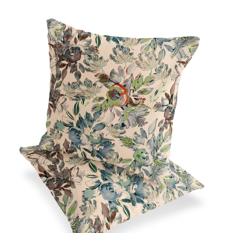 Set of Two 16" X 16" Green and Brown Blown Seam Floral Indoor Outdoor Throw Pillow