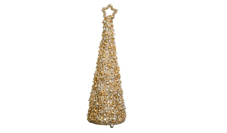 14" Gold Polyresin Bead Christmas Tree Sculpture - 4512839593036