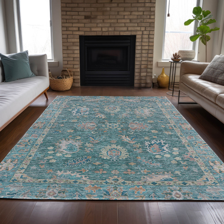 5' X 8' Teal Blue And Beige Floral Washable Indoor Outdoor Area Rug