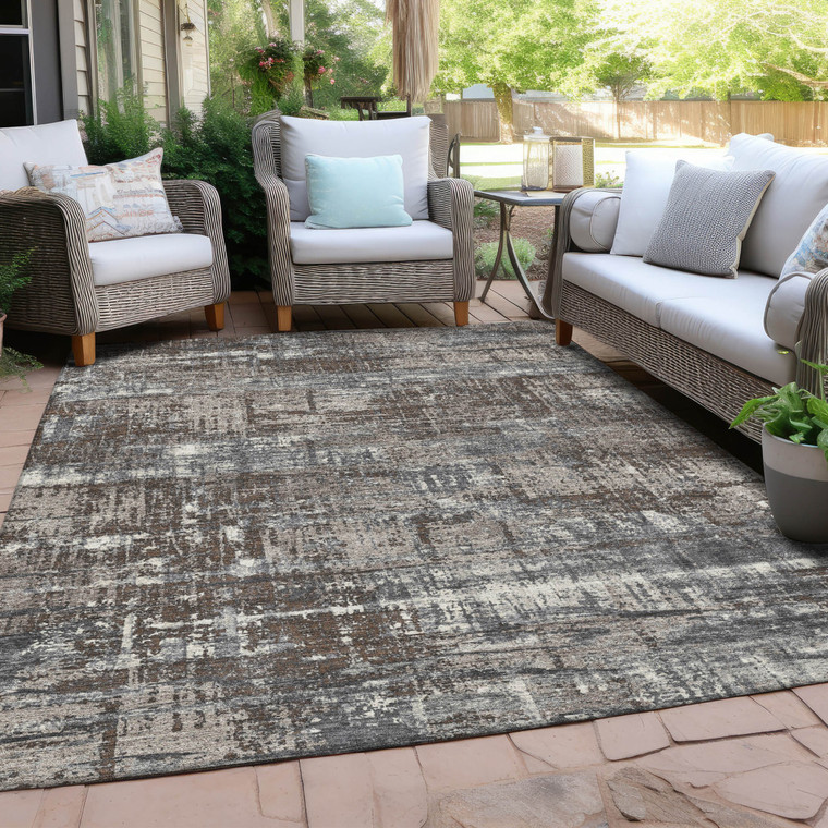3' X 5' Brown And Charcoal Geometric Washable Indoor Outdoor Area Rug