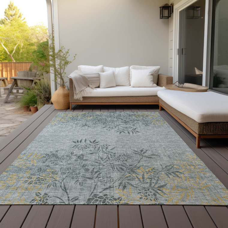 5' X 8' Gray Charcoal And Gold Floral Washable Indoor Outdoor Area Rug