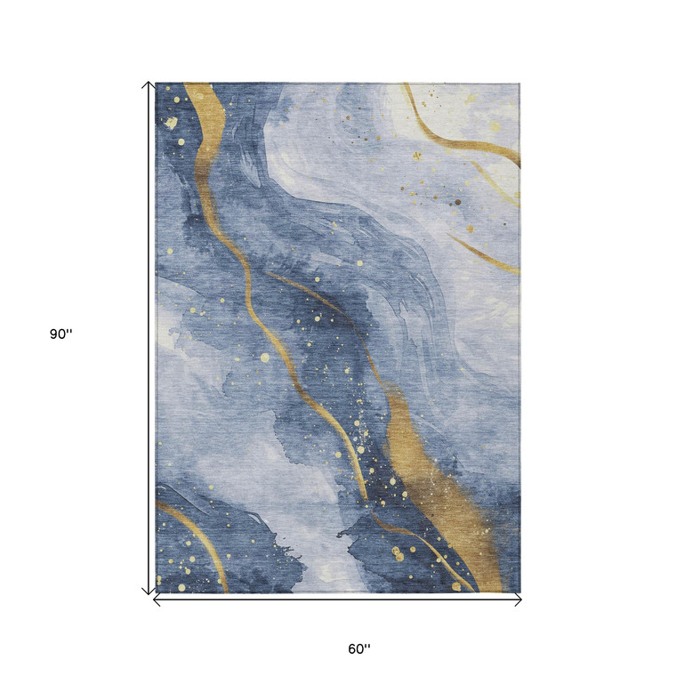 5' X 8' Blue And Gold Abstract Washable Indoor Outdoor Area Rug Transitional Style - Blue, Gold Color
