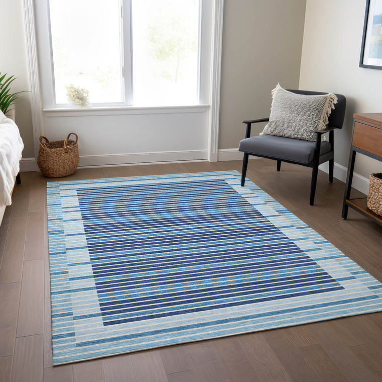 3' X 5' Sky Blue And Denim Blue Striped Washable Indoor Outdoor Area Rug Transitional Style - Sky Blue, Denim Blue Color
