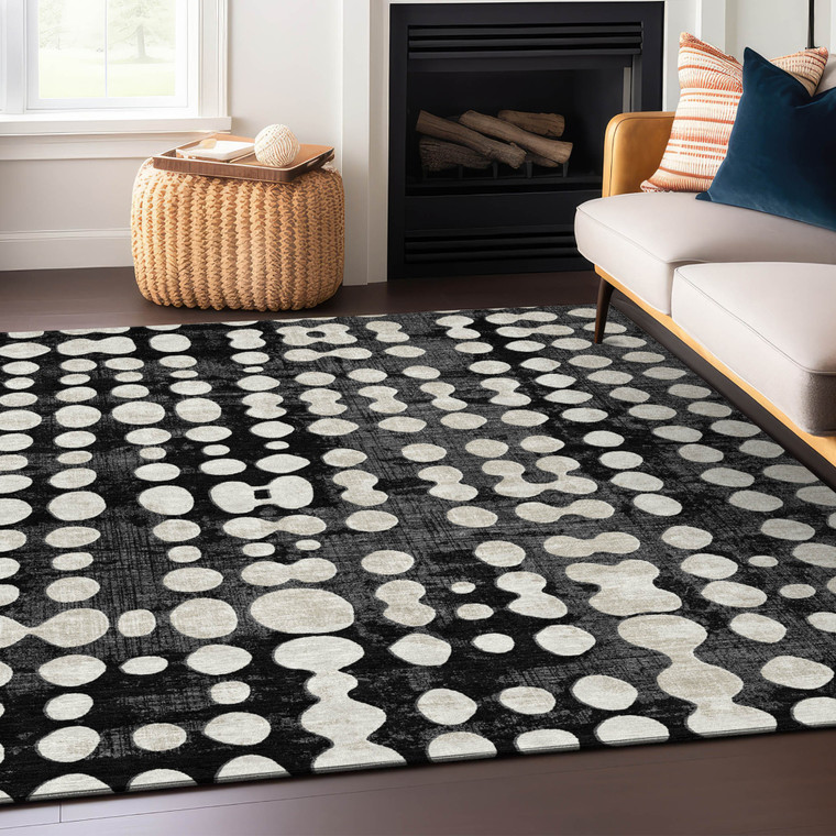 5' X 8' Black And Ivory Abstract Washable Indoor Outdoor Area Rug Transitional Style - Black, Ivory Color