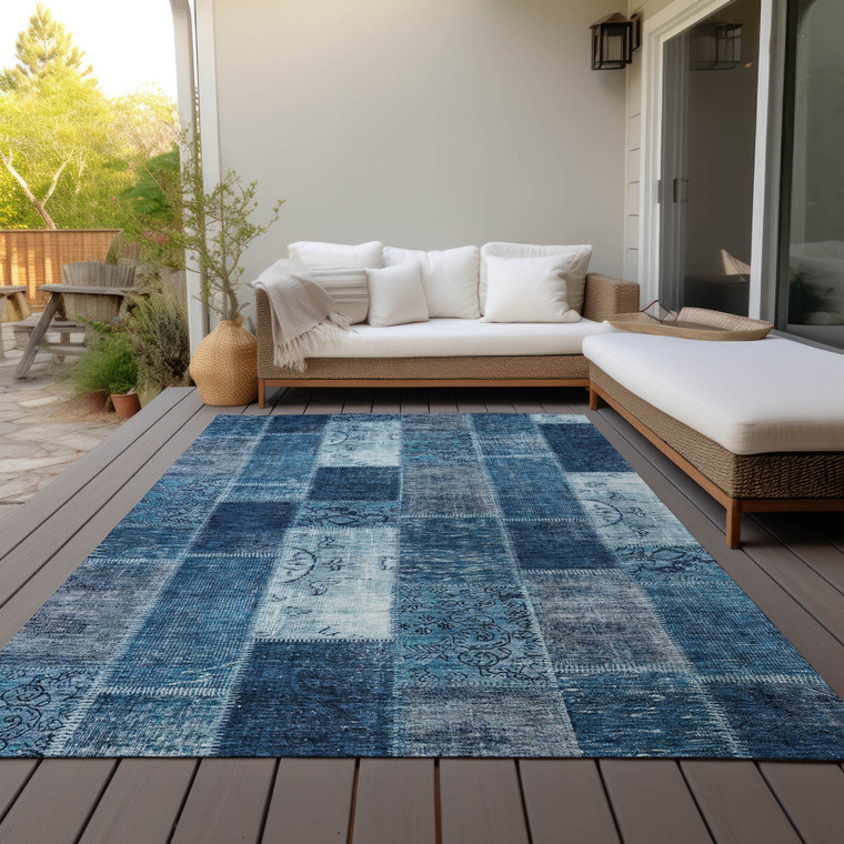3' X 5' Navy Blue And Sky Blue Patchwork Washable Indoor Outdoor Area Rug
