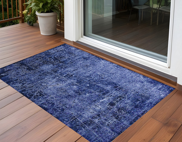 3' X 5' Navy Blue Abstract Washable Non Skid Indoor Outdoor Area Rug - 608219169374