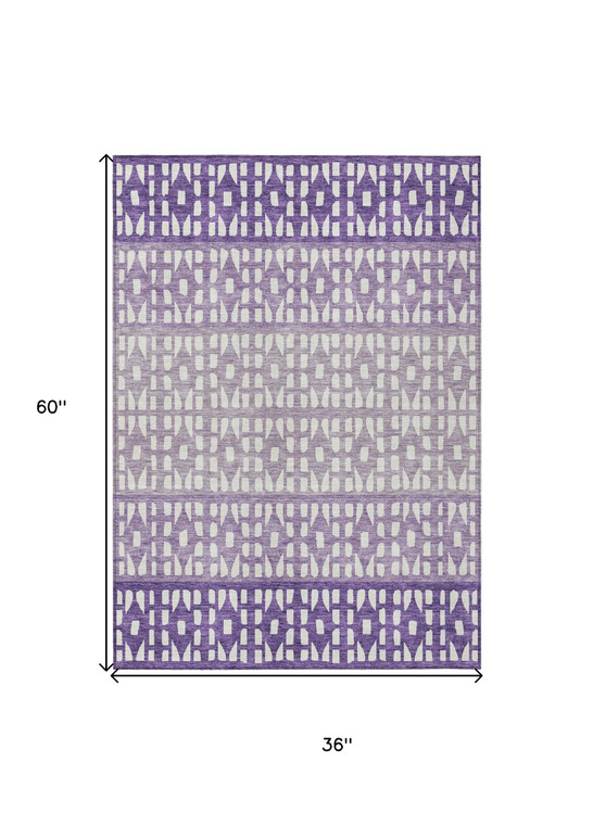3' X 5' Purple Lavender And Ivory Geometric Washable Indoor Outdoor Area Rug