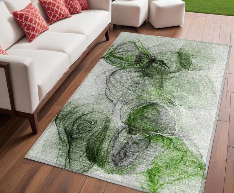 5' X 8' Olive Green Abstract Washable Non Skid Indoor Outdoor Area Rug - Olive Green