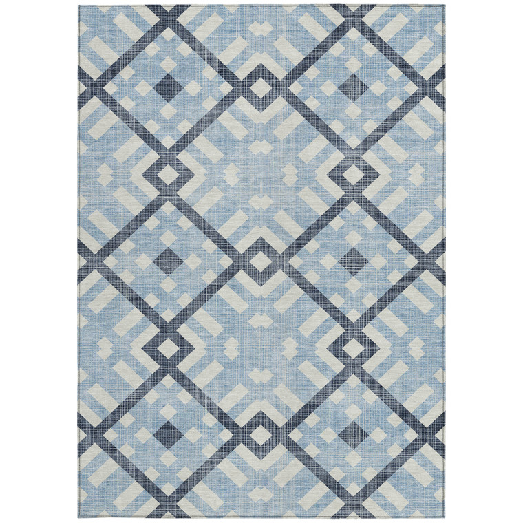 5' X 8' Sky Blue Navy Blue And Ivory Geometric Washable Indoor Outdoor Area Rug