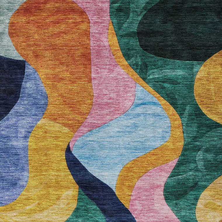 3' X 5' Green Orange And Pink Abstract Washable Indoor Outdoor Area Rug