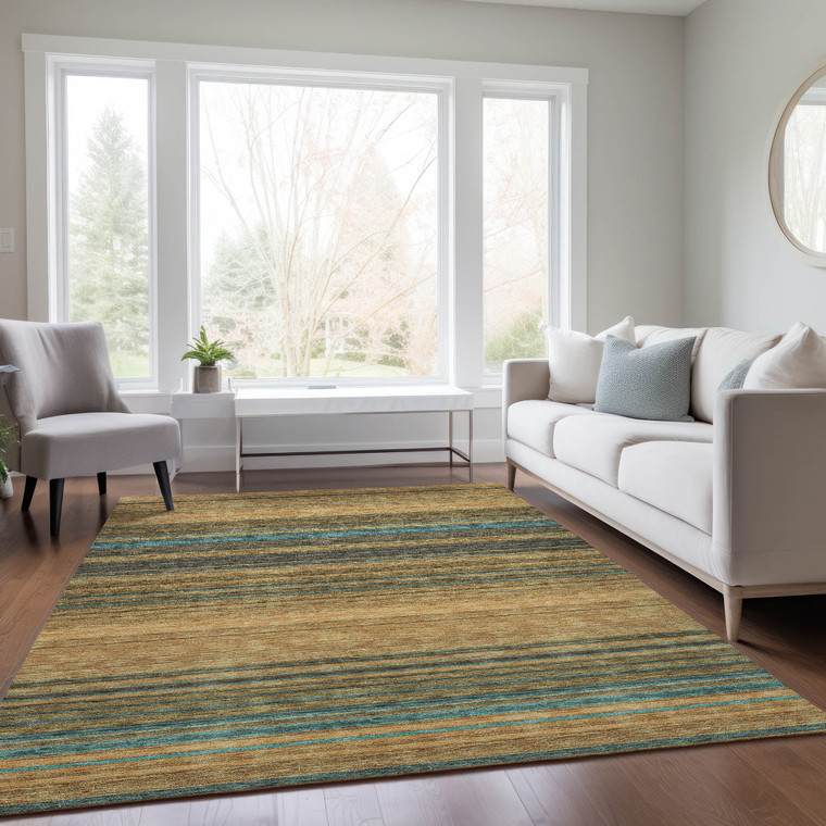 5' X 8' Wheat Brown And Teal Blue Striped Washable Indoor Outdoor Area Rug