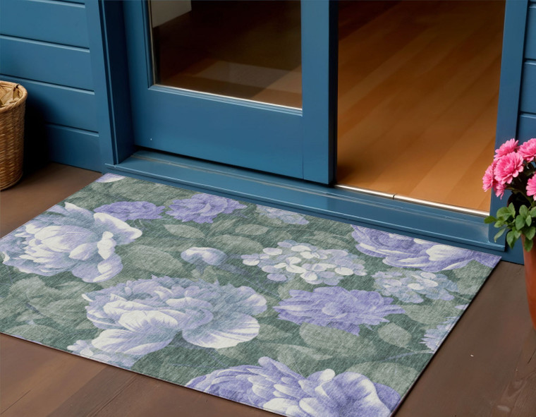 3' X 5' Lavender And Olive Green Floral Washable Indoor Outdoor Area Rug