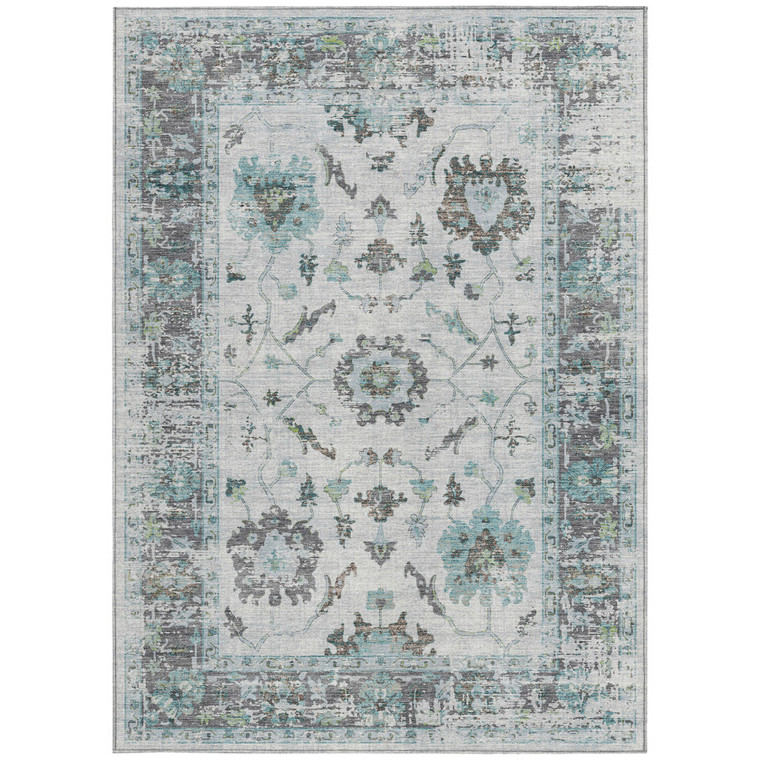 3' X 5' Teal Blue And Gray Floral Washable Indoor Outdoor Area Rug - Teal Blue, Gray