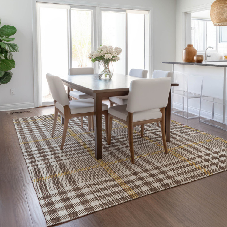 5' X 8' Brown And Beige Plaid Washable Indoor Outdoor Area Rug Transitional Style - Brown, Beige Color